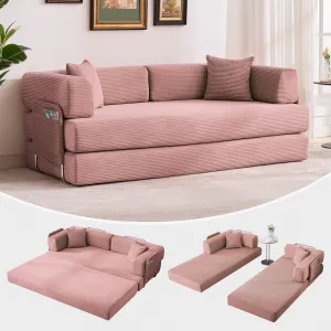 5-in-1 Convertible Sleeper Sofa Bed, 78.8" Oversized Corduroy Sofa Loveseat with Fixed-Shape Frame & 2 Pillows, No Assembly Required Futon Sofa for Living Room, Bedroom & Lounge, Pink