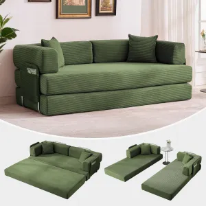 Convertible Sleeper Sofa Bed, 78.8" Floor Sofa Bed, 5-in-1 Folding Mattress Couch Loveseat with Fixed-Shape Frame, Pillow, Corduroy Fabric for Living Room Bedroom Lounge, Green