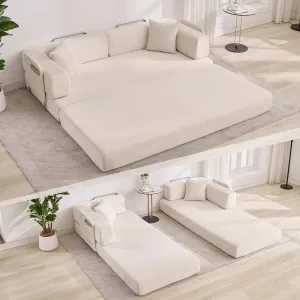 Convertible Sleeper Sofa Bed, 78.8" Floor Sofa Bed, 5-in-1 Folding Mattress Couch Loveseat with Fixed-Shape Frame, Pillow, Corduroy Fabric for Living Room Bedroom Lounge, Beige