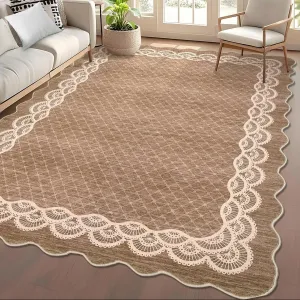 Scalloped Coffee 5x7 Washable Rugs Modern Geometric Living Room Rug, Stain-Resistant Faux Wool Floor Cover for Bedroom, Office, Kitchen