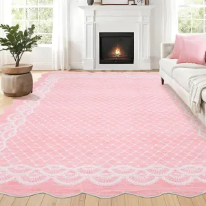 Scalloped Pink 8x10 Washable Area Rugs, Modern Living Room Rugs Large Washable Girls Bedroom Rugs Abstract Bordered Carpet for Playroom Apartment Table Dorm Nursery