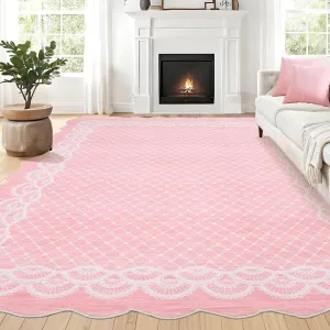 Scalloped Pink 5x7 Washable Rugs, Stain-Resistant Faux Wool Rug for Living Room, Nursery, Dorm, Girls Bedroom