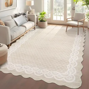 Scalloped Beige 8x10 Minimalist Washable Non Slip Area Rug Non Shedding Foldable Carpet for Living Room
