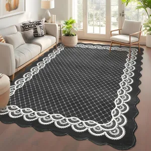 Scalloped Black 8x10 Washable Area Rug, Modern Neutral Living Room Rugs Large Scalloped Farmhouse Rug Abstract Bordered Carpet for Bedroom Apartment Table Dorm Nursery