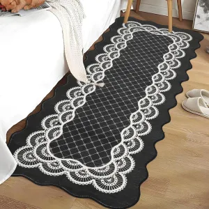 Scalloped Black 2x6 Runner Rug Washable Non Slip Stain Resistant Low Pile Faux Wool for Kitchen Bathroom Entryway