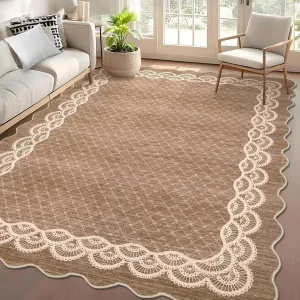 Scalloped Coffee 9x12 Washable Rugs, Modern Neutral Living Room Rug, Large Washable Farmhouse Carpet for Bedroom Apartment Nursery