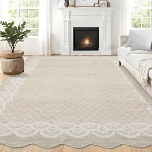 Scalloped Beige 5x7 Washable Rugs, Modern Geometric Living Room Rug, Stain-Resistant Faux Wool Floor Cover for Bedroom, Office, Kitchen