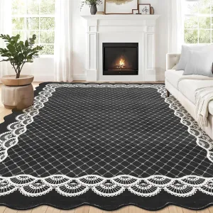 Scalloped Black 5x7 Washable Rugs, Modern Geometric Living Room Rug, Stain-Resistant, Soft Faux Wool Carpet for Bedroom Entryway Office