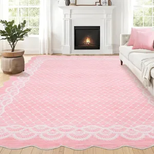 Scalloped Pink 9x12 Washable Area Rugs Modern Living Room Rugs Large Washable Girls Bedroom Rugs Abstract Bordered Carpet for Playroom Apartment Table Dorm Nursery