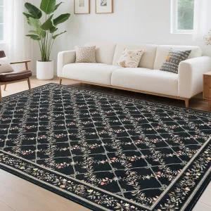 9x12 Washable Rugs for Bedroom and Living Room, Modern Floral, Black, Non-Slip, Stain Resistant
