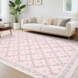 Washable Pink Rug 8x10 Area Rugs Soft Modern Floral Non-Slip Stain Resistant Ultra-Thin Bedroom Living Room Carpet