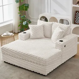 Oversized Chaise Lounge Chair Indoor, 60 Inch Upholstered Sofa Bed with Throw Pillows and Armrests, Comfy Scalloped Velvet Sleeper Couch for Living Room, Bedroom, Office, Beige