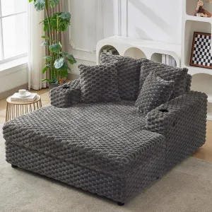 Oversized Chaise Lounge Chair Indoor, 60 Inch Upholstered Sofa Bed with Throw Pillows and Armrests, Comfy Scalloped Velvet Sleeper Couch for Living Room, Bedroom, Office, Gray