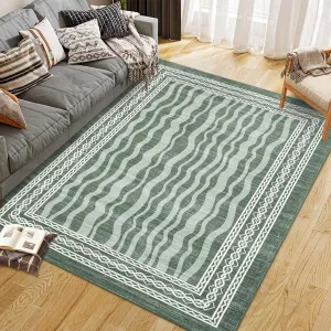 9x12 Area Rug Modern Bordered Print Low Pile Faux Wool Non-Slip Stain-Resistant Machine Washable Living Room Bedroom Dining Room