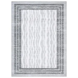 5x7 Area Rug Modern Bordered Print, Stain Resistant, Machine Washable, Faux Wool, Non-Slip TPR Backing, Low Pile, Living Room Bedroom Dining Room