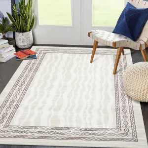 10x13 Area Rug Modern Bordered Print Low Pile Faux Wool Non-Slip Stain Resistant Machine Washable for Living Room Bedroom Dining Room