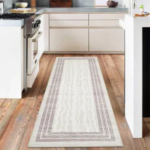 Hallway Runner Rug 2x6 - Non-Slip, Waterproof, Low Pile Faux Wool - Stain Resistant, Machine Washable - Beige for Entryway, Kitchen, Bedroom