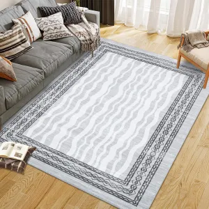 8x10 Modern Bordered Area Rug - Low Pile, Machine Washable - Faux Wool, Non-Slip, Stain Resistant - Living Room, Bedroom, Dining Room