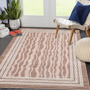 9x12 Area Rug Modern Bordered Print Low Pile Faux Wool Non-Slip Stain Resistant Machine Washable for Living Room Bedroom Dining Room