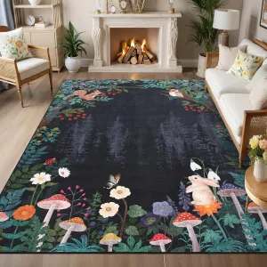 Home Decor Living Room Area Rug Black Bordered Thin 5x7 Carpet Kitchen Hallway Low Pile Non-Slip