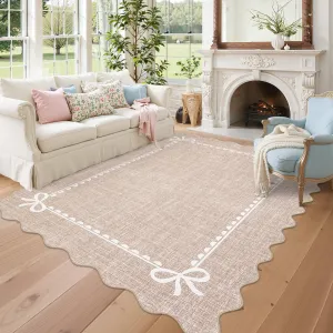 Scalloped Bow Rug Solid Camel Washable 9x12 Non Slip Soft Low Pile for Living Room Dorm Nursery Kids Room Playroom