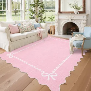 Scalloped Bow Rug Solid Pink Washable 9x12 Non Slip Nursery Dorm Living Room