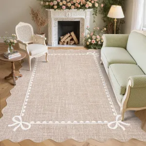 Scalloped Bow Rug Solid Camel Washable Non Slip 8x10 for Living Room Dorm Nursery Bedroom