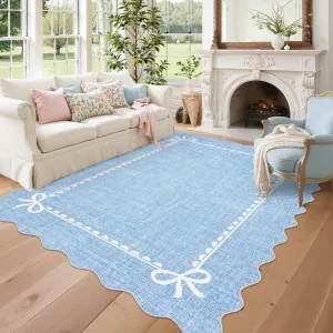 Scalloped Bow Rug Solid Blue Washable Non Slip 9x12 for Living Room Dorm Nursery Kids Room Playroom
