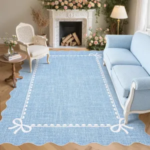 Scalloped Bow Rug Solid Blue Washable 8x10 Non Slip Soft Low Pile for Living Room Dorm Nursery Kids Room Playroom