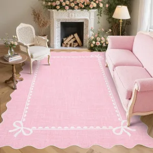 Scalloped Bow Rug Solid Pink Washable Non Slip 8x10 for Living Room Dorm Nursery Kids Room
