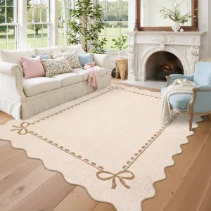 Scalloped Bow Rug Solid Beige 5x7 Washable Non Slip for Living Room Nursery Kids Room