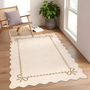 Scalloped Bow Rug Solid Beige Washable 4x6 Low Pile Non Slip for Living Room Nursery Bedroom