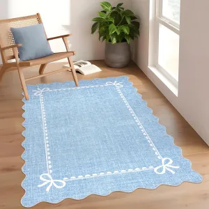 Scalloped Bow Rug Solid Blue Washable 4x6 Non Slip for Living Room Nursery Bedroom Playroom