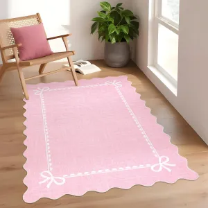 Scalloped Bow Rug Solid Pink Washable 4x6 Non Slip Nursery Bedroom Decor