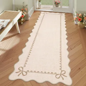 Scalloped Bow Rug Solid Beige Non-Slip Washable Soft Low Pile TPE Rubber Backing 2x6 Runner for Living Room Nursery Playroom