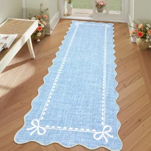 Scalloped Bow Rug Solid Blue Washable 2x6 Non Slip for Living Room Dorm Nursery Bedroom Hallway