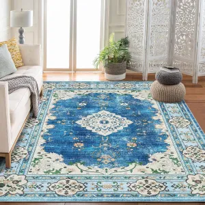 5x7 Washable Area Rug Blue Large Boho Vintage Distressed Oriental Carpet Floral Non Slip for Living Room Bedroom Kitchen Nursery Kids Room Office Farmhouse