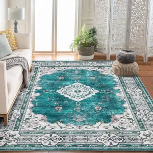 10x13 Washable Area Rug Peacock Green Floral Boho Vintage Distressed Carpet Non Slip for Living Room Bedroom Dining Room Nursery Kids Room Office Farmhouse
