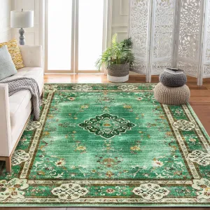 8x10 Washable Area Rug Green Floral Non Slip Boho Vintage Carpet for Living Room Bedroom Nursery Kids Room Office Farmhouse