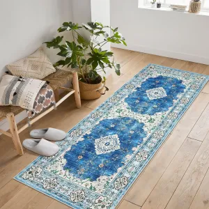 Washable Runner Rug 2x6 Blue Non Slip Boho Vintage Distressed Oriental Floor Carpet for Hallways Kitchen Bedroom Entryway Living Room Bathroom
