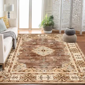 8x10 Washable Brown Area Rug Floral Boho Vintage Distressed Carpet for Living Room Bedroom Nursery Kids Room Office Farmhouse