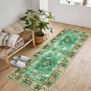 Washable Runner Rug 2x6 Green Non Slip Boho Rugs for Hallways Kitchen Bedroom Entryway Living Room Bathroom Vintage Bohemian Distressed Oriental Floor Carpet