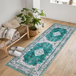 Washable Runner Rug 2x6, Peacock Green Non Slip Boho Rug for Hallways Kitchen Bedroom, Vintage Distressed Oriental Floor Carpet
