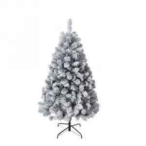 6ft Pre-Lit Flocked Christmas Tree, Artificial Christmas Tree with Warm White Lights, Realistic Flocked Xmas Tree with Metal Hinges and Foldable Base for Home & Office Decor