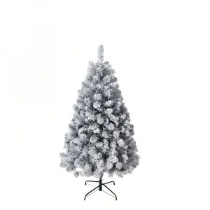 4.5ft Artificial Christmas Tree, Pre-Lit Flocked Christmas Tree with Warm White Lights, Realistic Flocked Xmas Tree with Metal Hinges and Foldable Base for Home & Office Decor