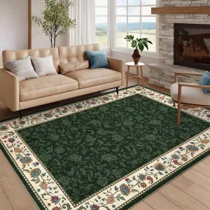 Green Floral Rugs 9x12 Washable Non Slip Area Rug for Living Room Bedroom Indoor Vintage Geometric Low Pile Carpet