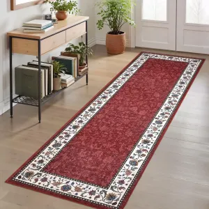 2x6 Floral Kitchen Runner Rug Washable Non Slip Throw Runner for Hallway, Laundry, Bathroom, Bedside, Entryway, Red