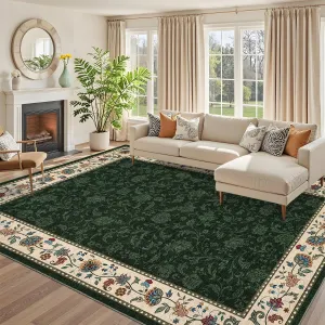 Extra Large Area Rug 10x13 Floral Border Non Slip, Washable Stain-Resistant Polyester, Soft Low Pile, Non Shedding, Green for Office Hotel