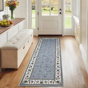 2x6 Floral Kitchen Runner Rug Washable Non Slip Soft Grey for Hallway Bathroom Entryway