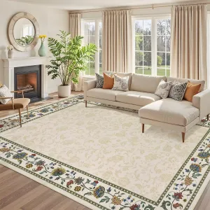 Floral Washable 9x12 Rug for Living Room Bedroom, Vintage Beige, Soft Large Floor Carpet with Geometric Border
